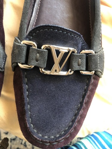 Louis Vuitton Purple Grey Suede LV Logo Slip On Loafers Moccasins 37.5 - Picture 6 of 8