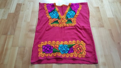 Huipil Mexiko Bluse Hemd Tracht Frida Kahlo bunt pink rot orange gelb grün Gr. M