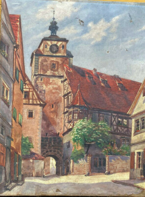 OIL PAINTING CITY VIEW OF ROTHENBURG IN BAVARIA TOWER MARKET SQUARE FORECOURT