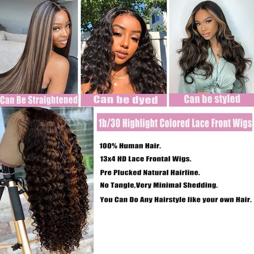24 Inch Highlight Ombre Lace Front Wig Human Hair Pre Plucked 1B/30 Black Bro... - Bild 6 von 7