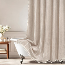 Boho Farmhouse Linen Shower Curtain with Tassels 72x72 Inch Water Repellent