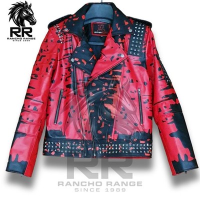 Men's Red Punk Leather Jacket with Silver Studs |Pure Leather Biker Style| 2 Mo