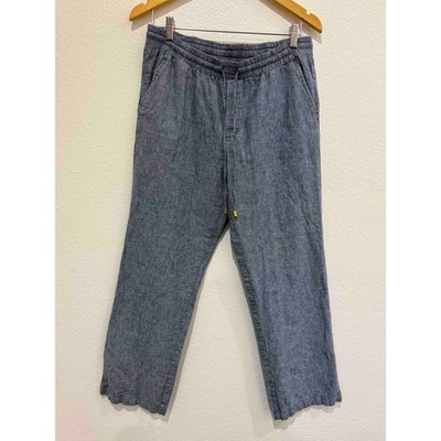 Ellen Tracy Linen Cotton Drawstring Pants Sz S Blue Stripe Coastal Easy Breezy