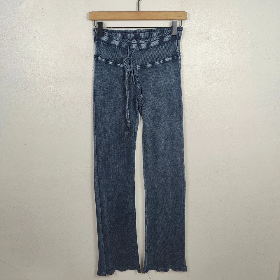T-Party Y2K Pants Womens Small Drawstring Blue Acid Wash Rib Knit Lounge Flare - Image 2 of 4