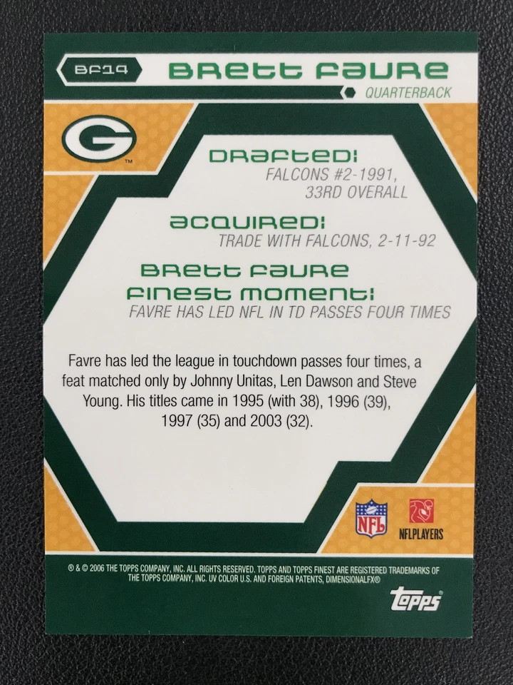 2006 Finest #BF14 Brett Favre Green Bay Packers Finest Moments - Image 2 of 2