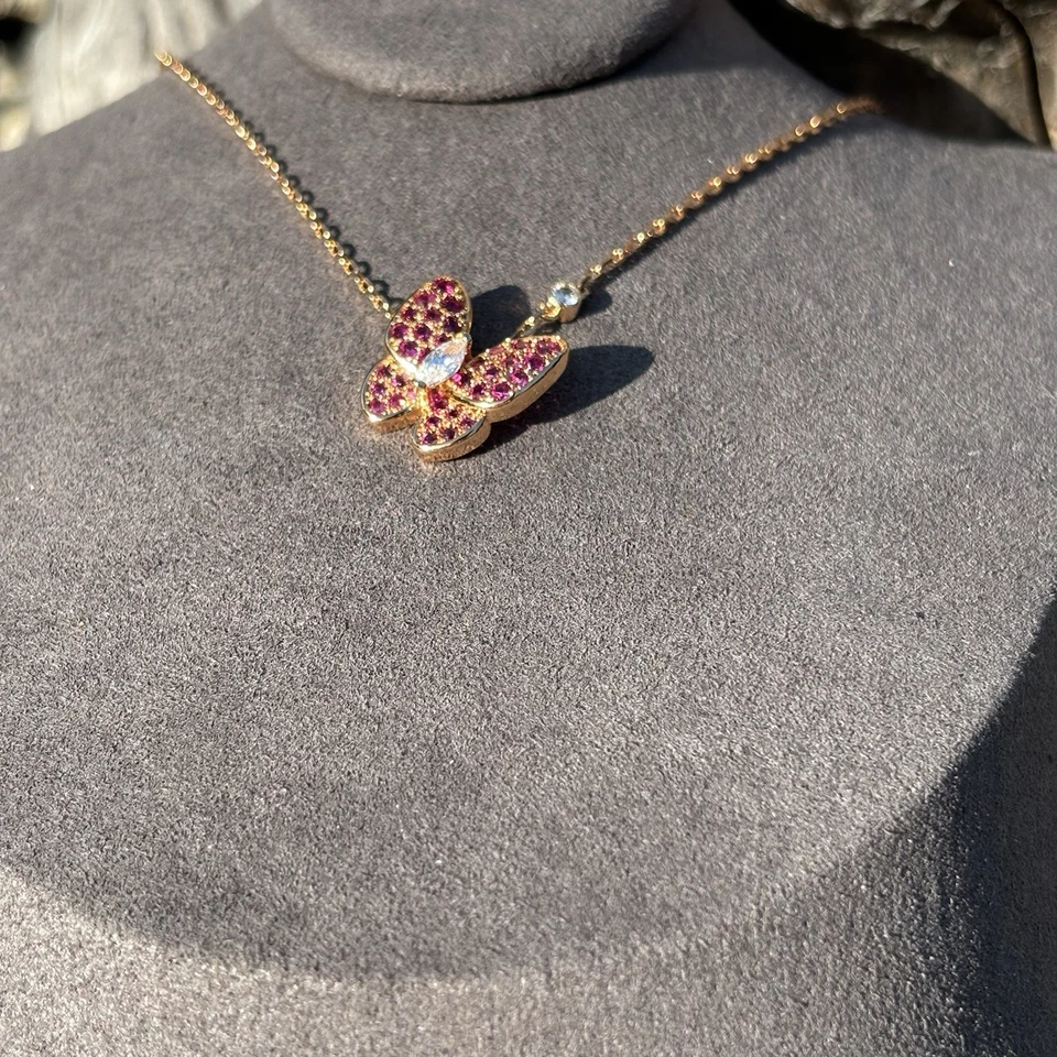 Butterfly Pendant Necklace, 18k Rose Gold Plated,  Pink Crystals,  16in - Image 3 of 4