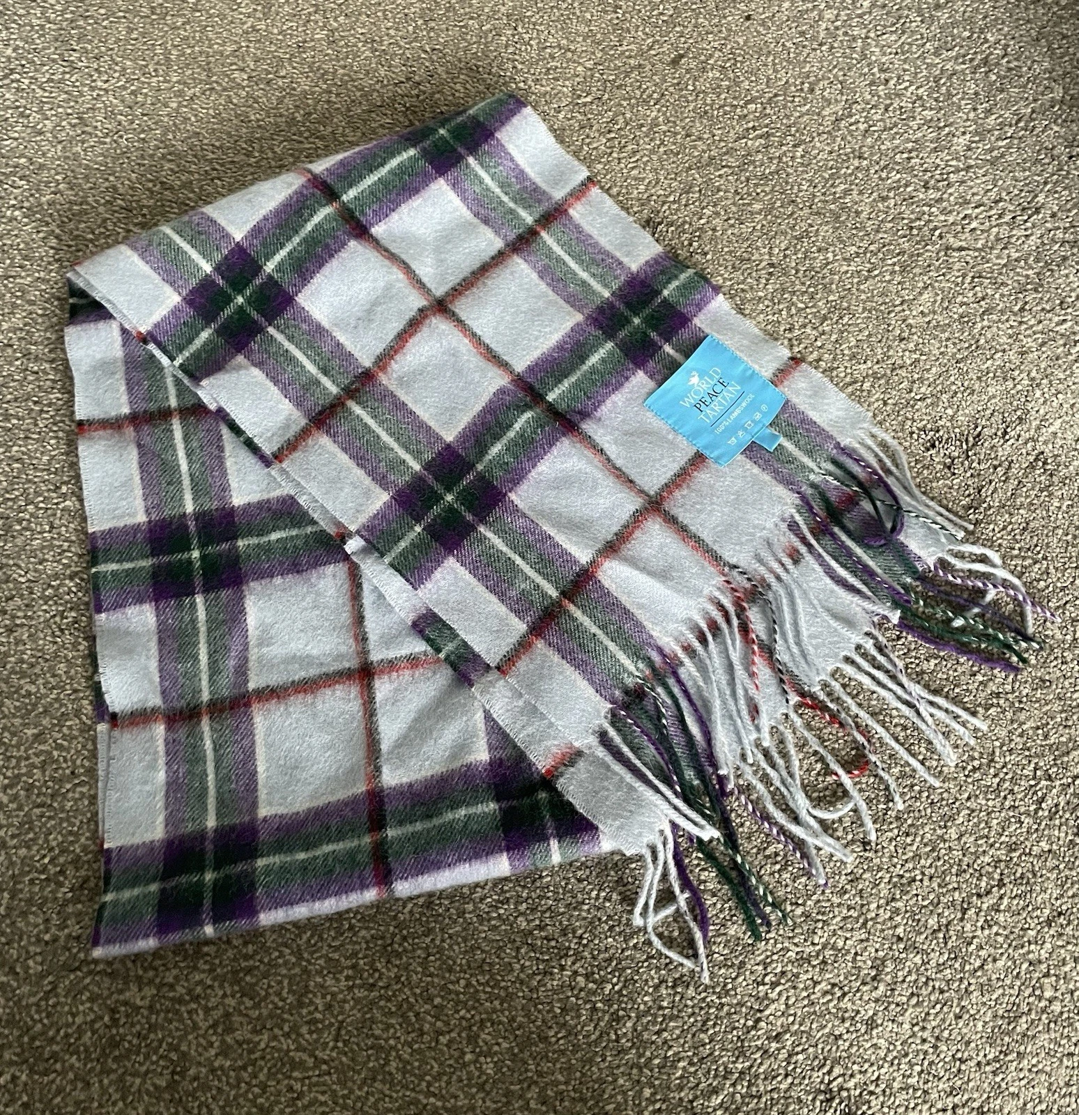 World Peace Tartan Lambswool Scarf Grey Check Plaid Great Condition Fringe