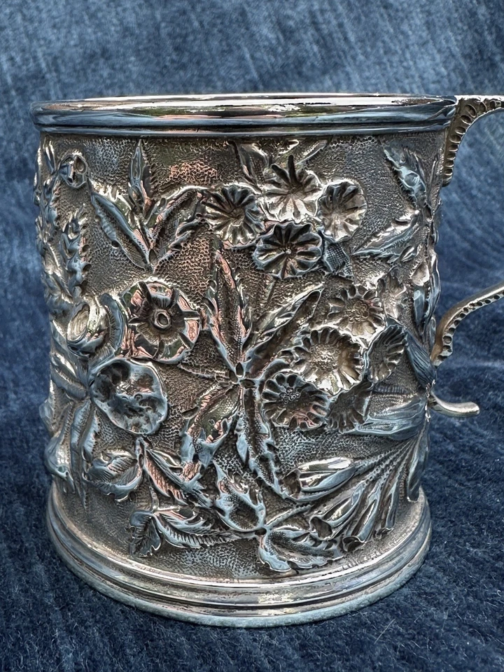 Antique S. Kirk & Son 91.6% silver floral repoussed children mug wt.4.3 oz. - Image 2 of 4