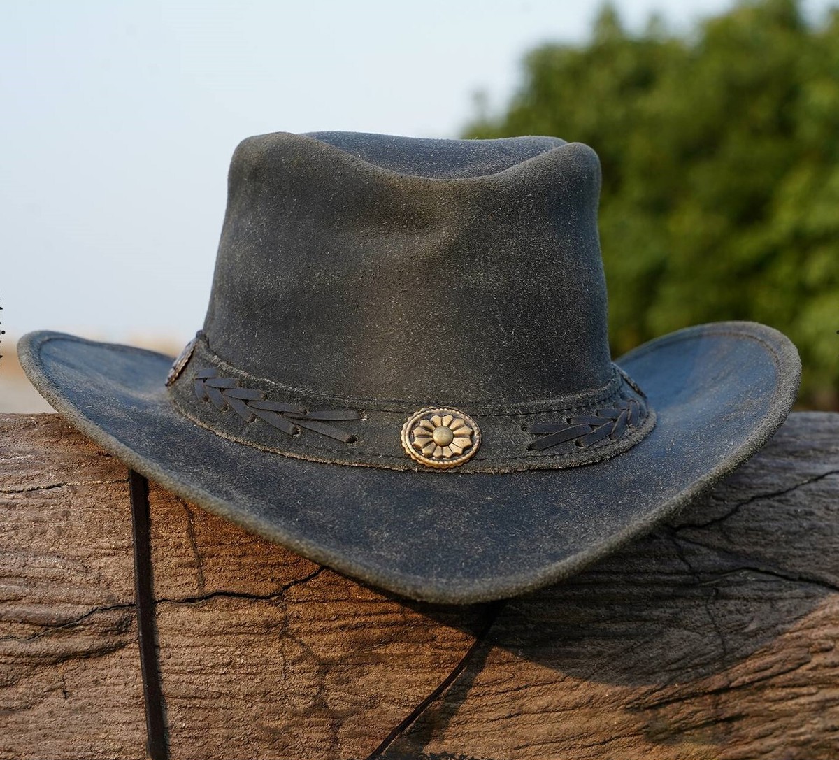 Chapeau Cowboy Bay Factory Cuir Suédé Noir, Vintage Australie, Large Bord, Taille 54