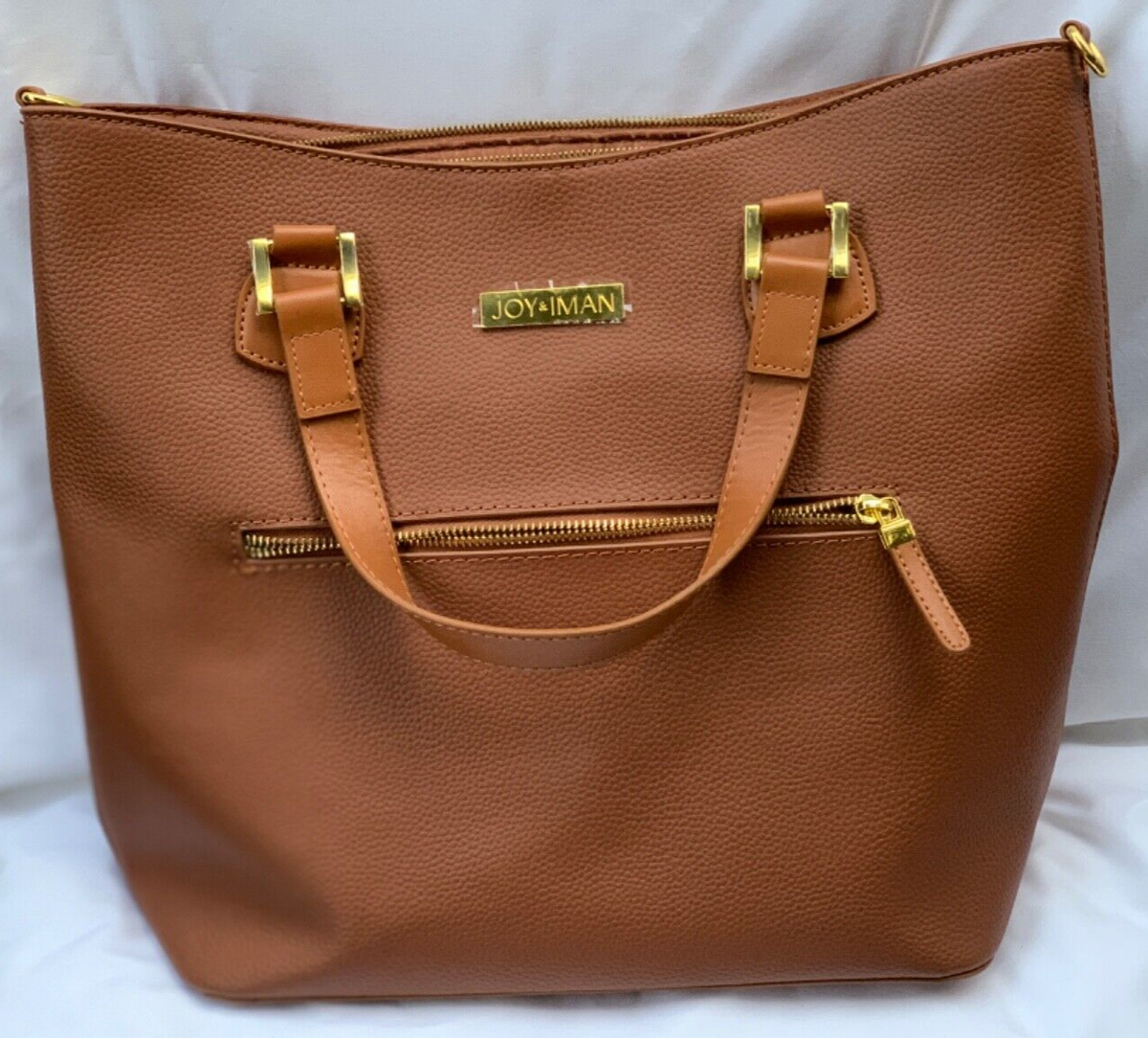 JOY IMAN Alexandria 100% Leather Tote Purse Cognac 15x13x6 NWOT