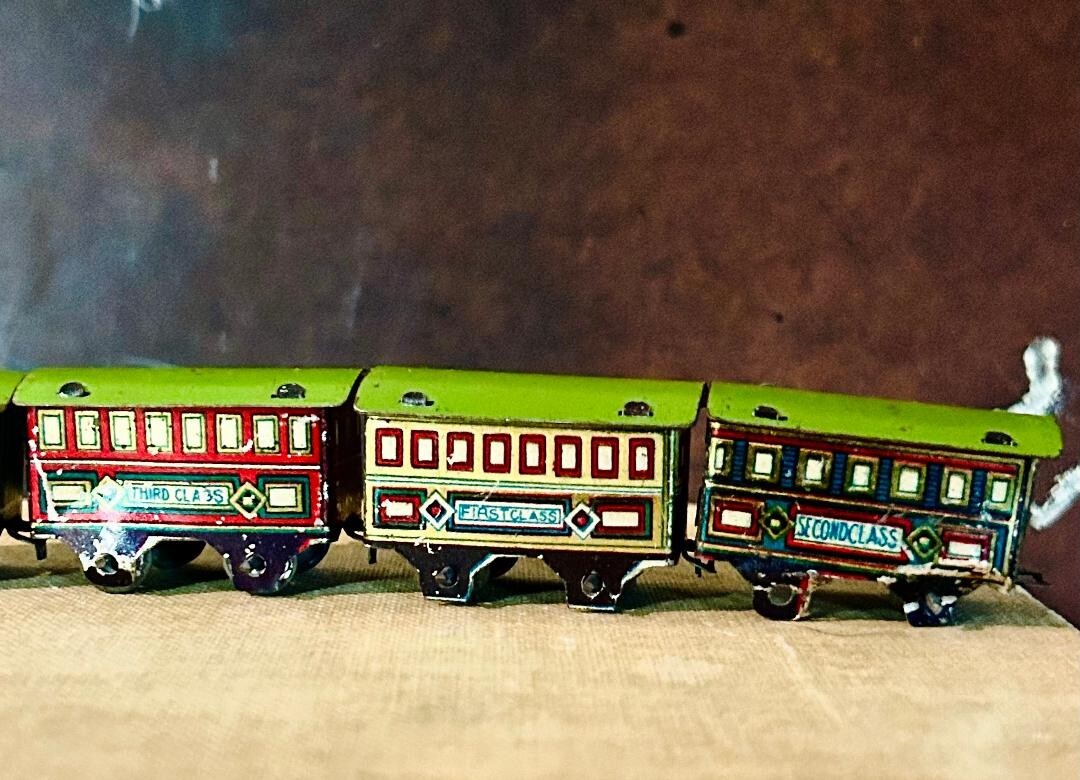Antique 1900's Tin Penny Toy Train Set-Trademark K-Made in Antique 1900's Tin Penny Toy Train Set-Trademark K-Made in