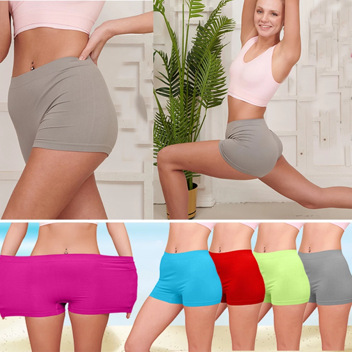 Womens Plain Shorts Underwear High Waist Seamless Stretch Boxers Knickers  S-XL