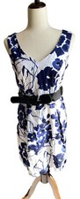 AGB COTTON SHEATH  Dress Size 10 V Neck Cream Navy Black Floral Black Belt Slvls