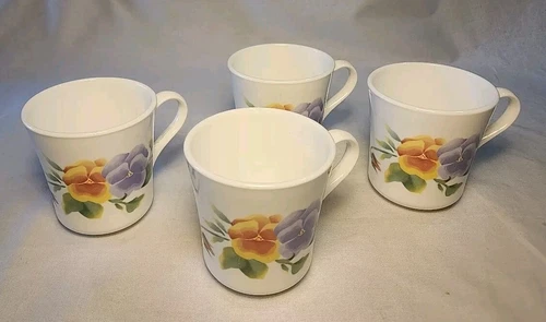 Corning Corelle Summer Blush Coffee 4 Mugs/Tea Cups w/Decorative Pansies USA