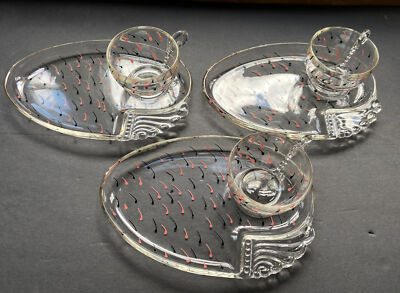 VTG MCM Set 3 Hand Painted Clear Speckled Comma Black/Pink Cup/Snack Plate Retro