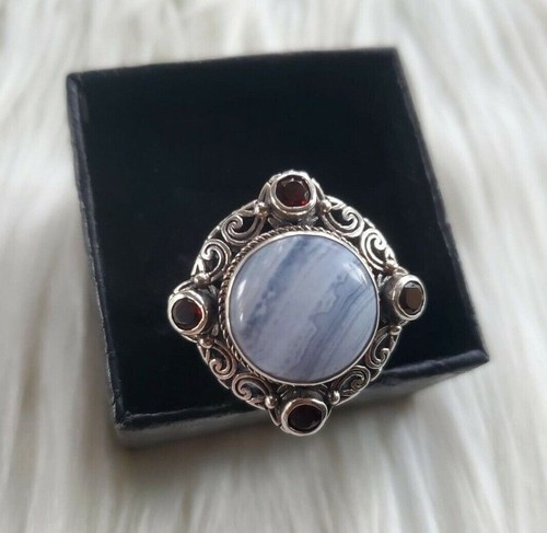 Sterling Silver 925 Ornate Blue Lace Agate Garnet Chunky Ring Jewelry $178 - Picture 6 of 9