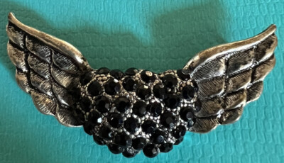 Vintage Winged Silver Tone Black Rhinestones Unique Rare Design Pendant