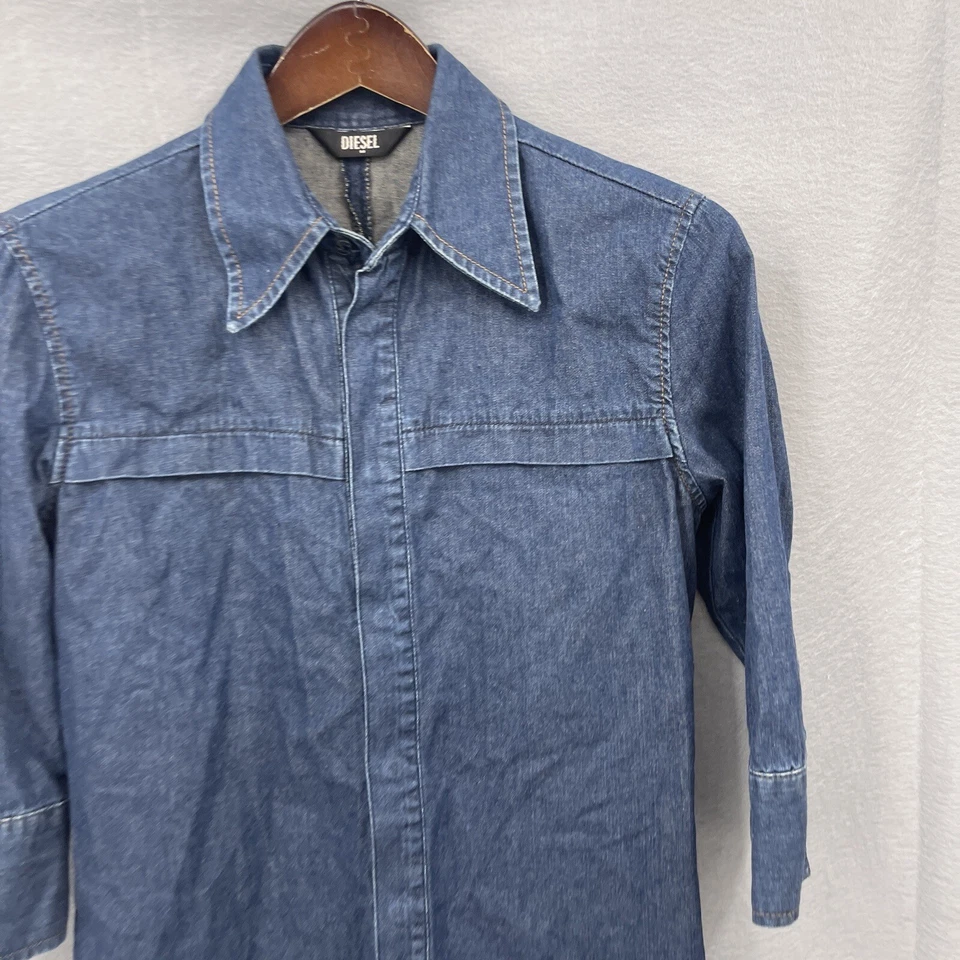 Camisa Diesel Para Mujer Pequeña Denim Manga 3/4 Denim a Presión y2k Calce Ajustado Silencioso LEER Foto 4 de 4