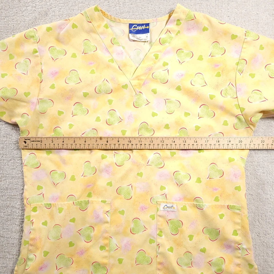 Crest Womens Small Scrub Top Colorful Hearts V Neck Pockets Yellow Ladies  - Image 3 of 4