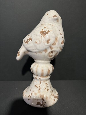 French Country Raku Pottery Distressed Bird Figurine Crackle Glaze Beige
