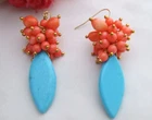 Blue Turquoise Orange color Coral Gold Plated Hook Earrings dangle