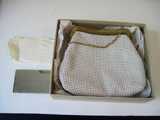 Vintage WHITING DAVIS White Metal Mesh Purse w/Original Box/ Wrapped Mirror