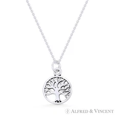 Tree-of-Life Charm 11mm Circle Pendant & Chain Necklace in .925 Sterling Silver