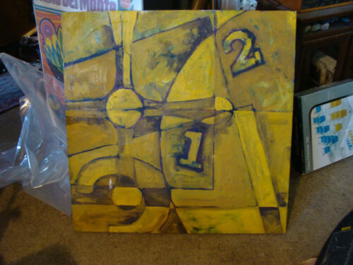 Original OIL PAINTING: abstract clock w/ 1 & 2, in YELLOW & BLACK, 36 x 36 inch - Picture 1 of 5