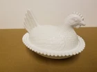 Indiana Glass Vintage White Milk Glass Hen On Nest Dish Beaded 7"
