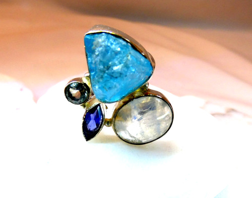 Natural Rainbow Moonstone-Apatite-Iolite-Quartz Sterling Silver Ring Sz 8