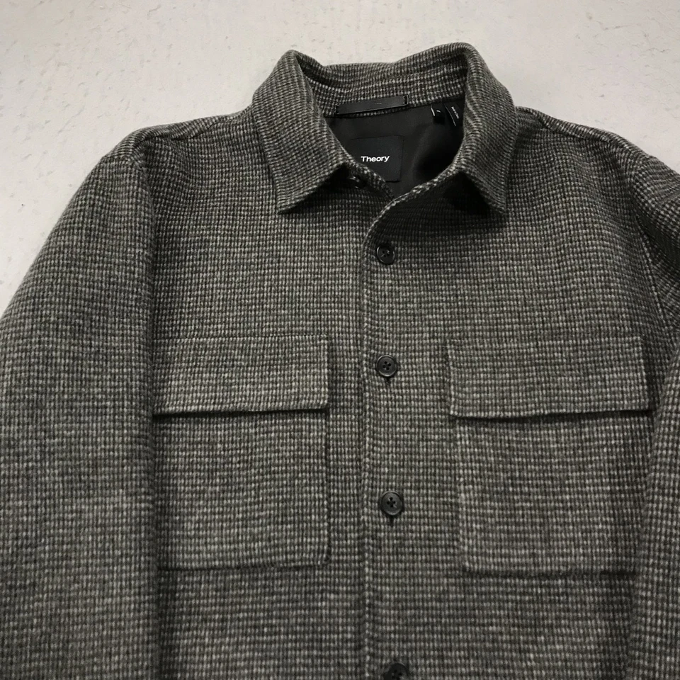 Theory Justin Shirt Jacket Mens XL Gray Beige Houndstooth Shacket Wool Cashmere - Image 2 of 4