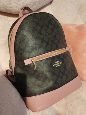 Coach Backpack Brown Pink Monogram Logo Zipper Bag Charm Gold Hardware