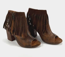 Diba True Cognac Brown Leather Booties Pep Toe Fringe Boots Boho Shoes Sz 7