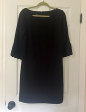 Talbots Petite 12P Black Sheath Dress Boat Neck 3/4 Bell Sleeve Knee Lined
