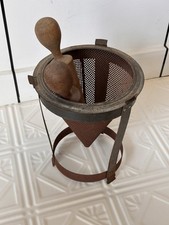 Vintage Metal Chinois Sieve Colander Cone Strainer Wood Pestle Rustic Farmhouse