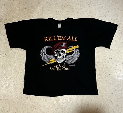 Vintage 80s 1986 Kill 'Em All Let God Sort 'Em Out Skull Wings T-Shirt USA Large
