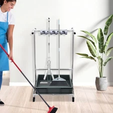 Floor-Mounted Mop Rack Broom And Mop Holder Movable Floor Standing Cleaning Tool