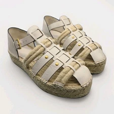 TORY BURCH FISHERMAN Sandals Platform Espadrille Wedge IVORY Leather Sz 10.5 NEW