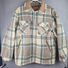 Vintage Woolrich Plaid Sherpa Lined Wool Jacket Size L TAN AND GREEN