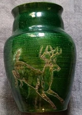 Handcrafted Green Stoneware Vase with Deer Design, Rustic Cottage Cabin Pottery