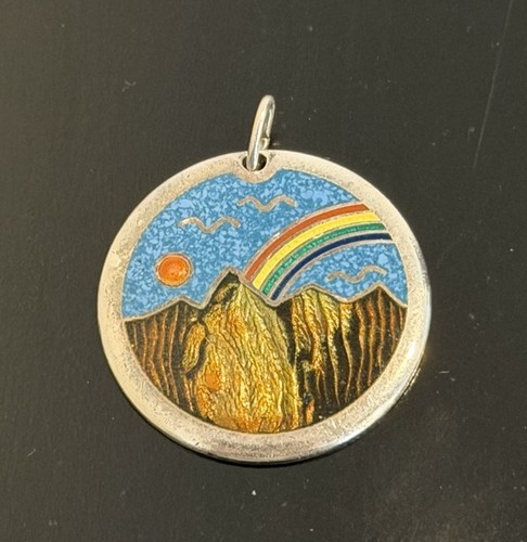 Beautiful Sterling Silver Enamel Mountain Rainbow Landscape Round Pendant