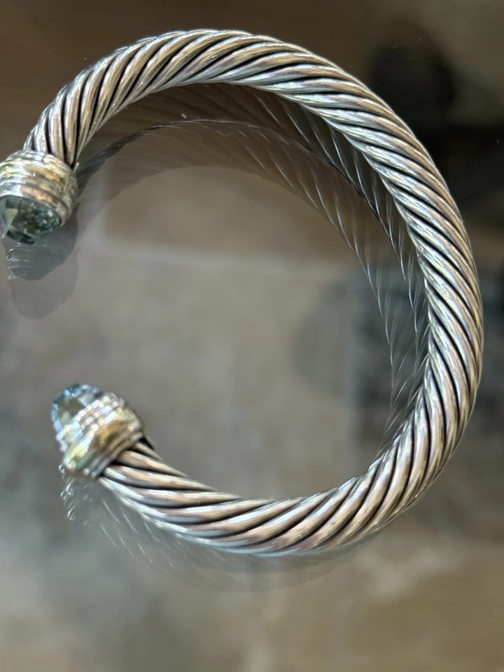 Brazalete David Yurman con cable de topacio azul de oro amarillo de 14 k de ley de 7 mm #S2810-4 Foto 3 de 4