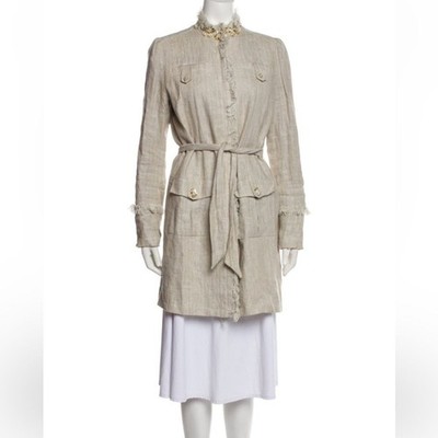 Royal Underground Tan Linen Trench Coat with Belted Beaded Pleated Jacket sz M