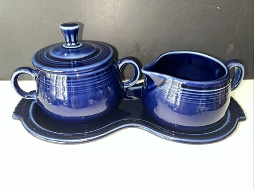 Fiestaware Homer Laughlin Cobalt Blue Creamer Sugar Bowl Lid Tray  4Pc Set