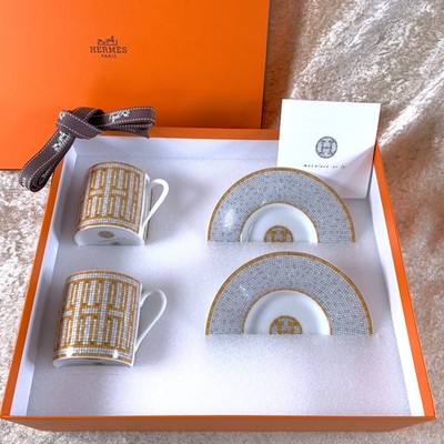 Hermes Demitasse Cup Saucer Mosaique au 24 Gold Porcelain Tableware 2 Sets w/Box