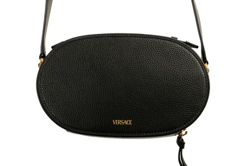 Versace Women's Grainy Black Leather Gold Logo V Camera Shoulder Bag Handbag - Picture 4 of 7