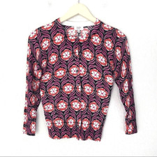 CROWN  IVY Purple Orange Cotton Cardigan Floral Button Front 3/4 Sleeve Size XS