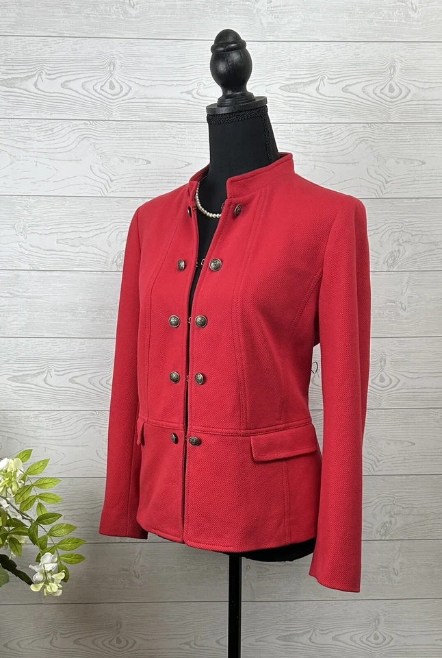 Sz. 12 Petite TALBOTS Red Knit Twill Military Band Jacket Blazer $169 - Image 2 of 4