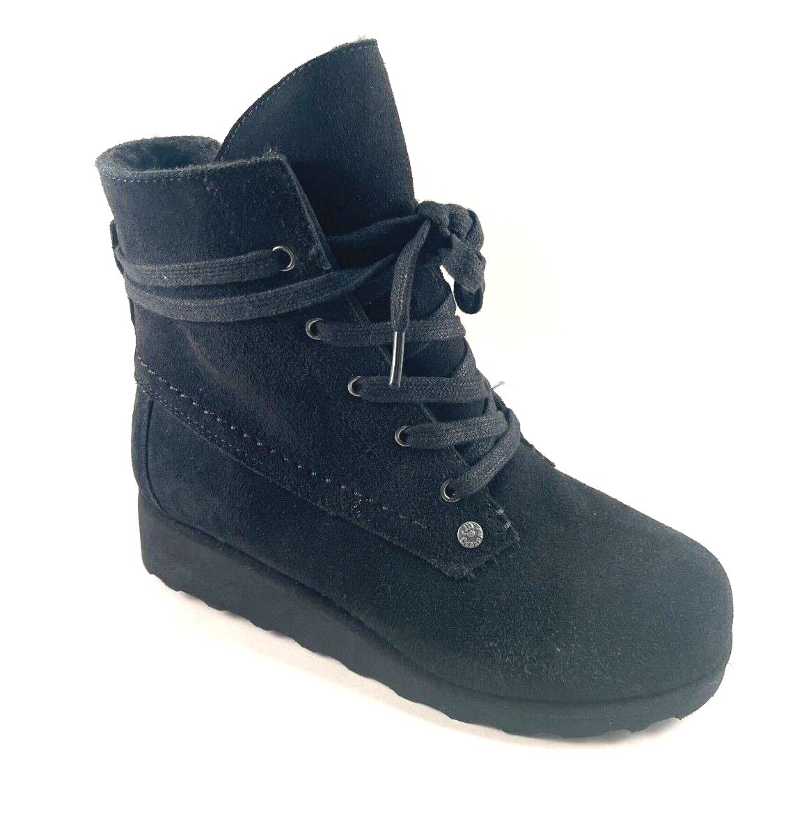 BearPaw Krista Black Suede Low Heel Sheepskin/Wool Water Resistant Bootie