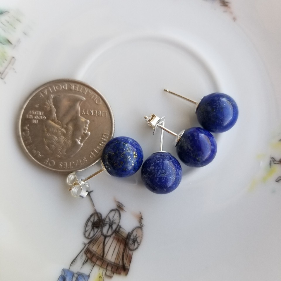Natural Blue Lapis Stud Earrings In 14K Yellow Gold - 6mm Round Ball Style